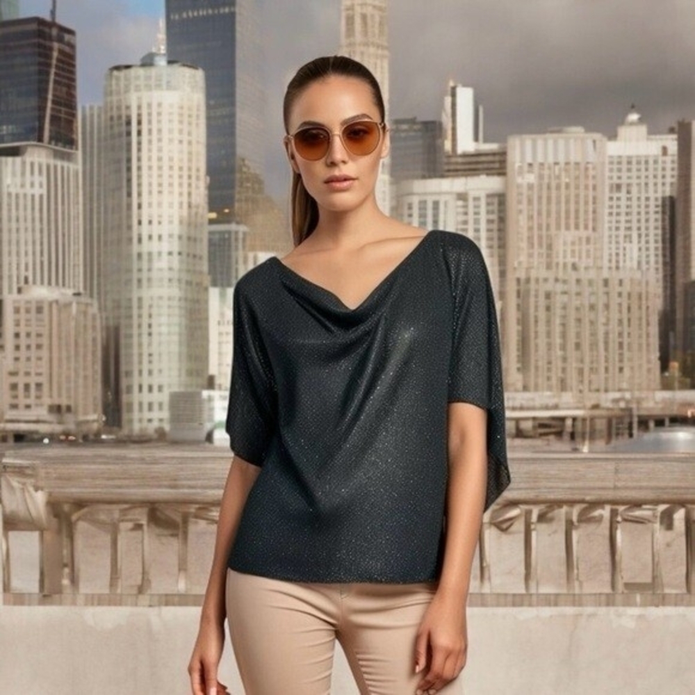 ALFANI Womens Blouse S/M Black Sequin Sparkle Mesh Top Short Sleeve Cowl Neck VG